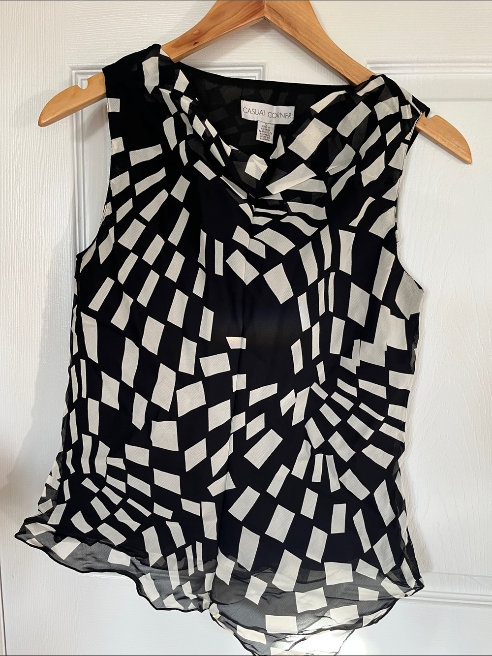 Casual Corner Black and White Geometric Sleeveless Camisole with Draped Neckline
